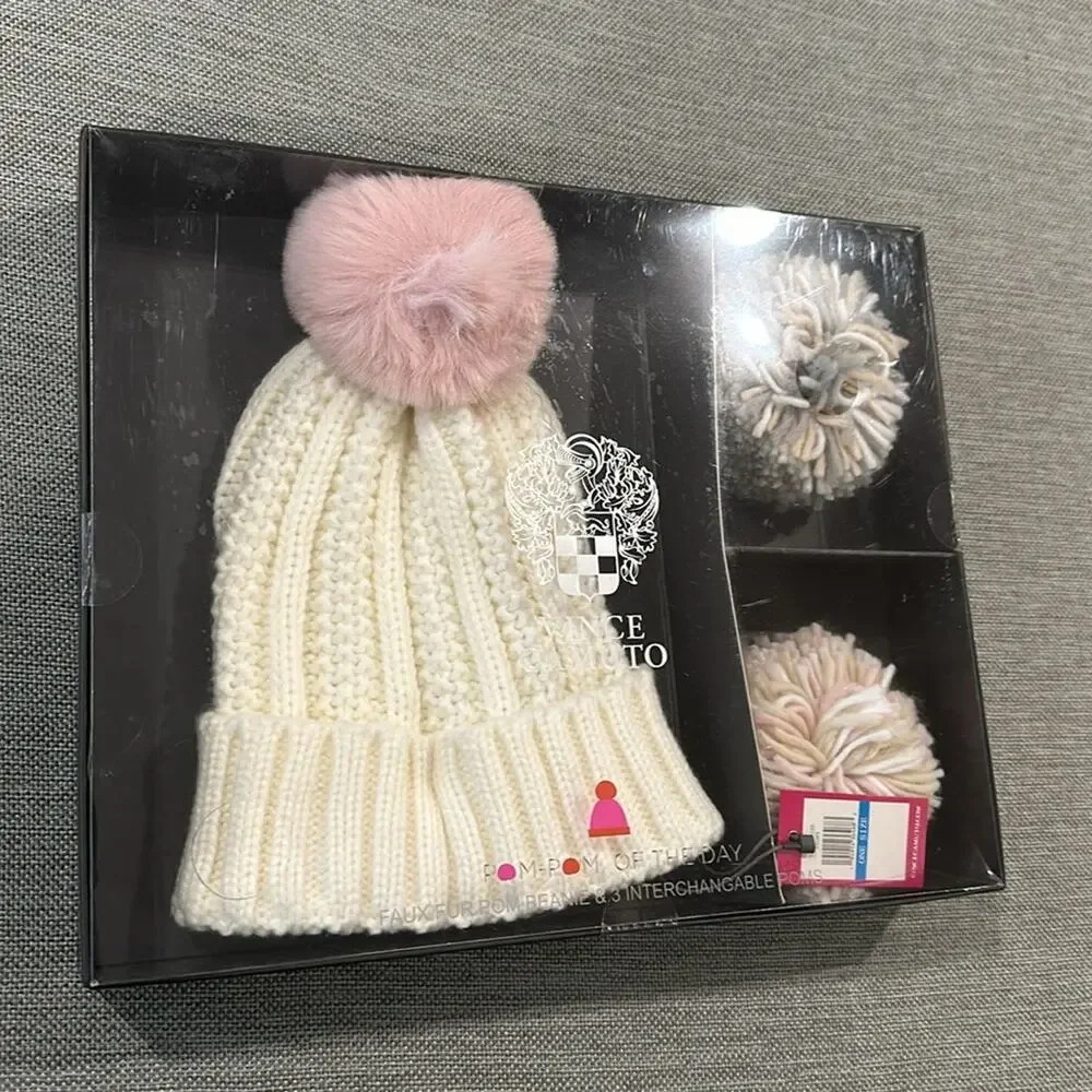 Vince Camuto pom pom of the day beanie hat interchangeable pom poms gift box